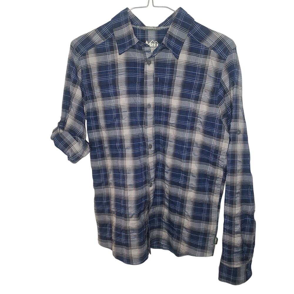 REI Co-Op Boys Size 14-16  Blue Plaid Vented Hiking Fishing Button Up Roll Tab
